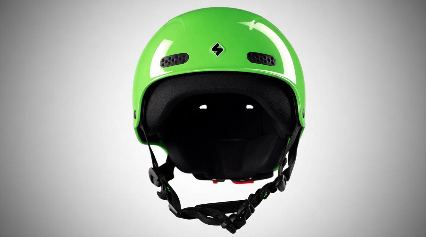 Casque de protection vert pomme, avec aérations et jugulaire noire, pour sports nautiques comme le rafting, sur fond gris clair.