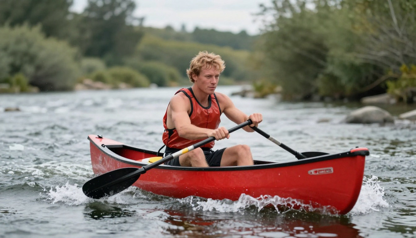 Un homme aux cheveux blonds pagaye un canoë rouge sur le Gave de Pau. L'eau est agitée, des arbres sont visibles en arrière-plan.