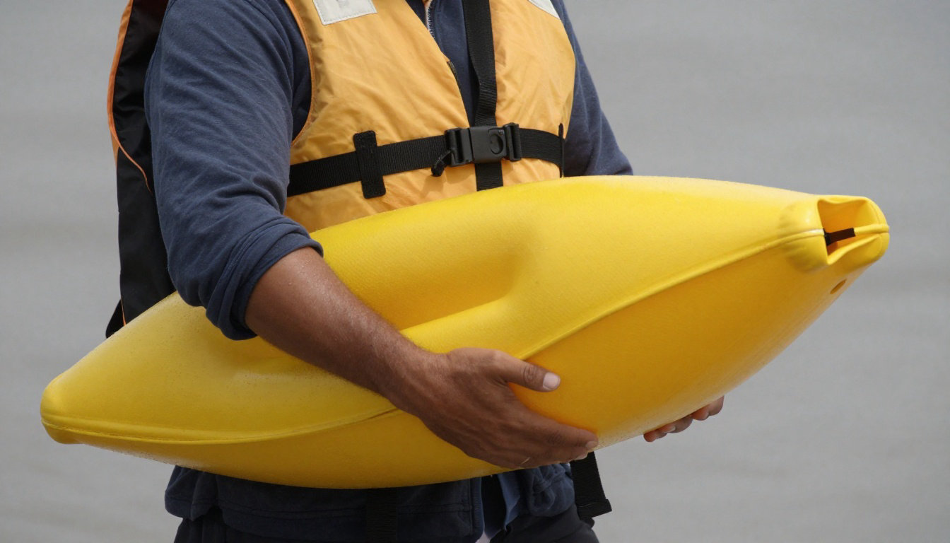 Gros plan sur une personne vêtue d'un gilet de sauvetage jaune et tenant une bouée de sauvetage. Prête pour le rafting.
