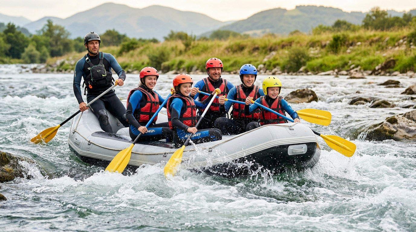 Un groupe de six personnes (un guide et une famille) fait du rafting sur une rivière agitée, portant des combinaisons et gilets de sauvetage.